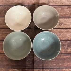 Sango Artist's Blend Cereal Bowls Set of 4 Teal Green Gray White Ribbed 6"